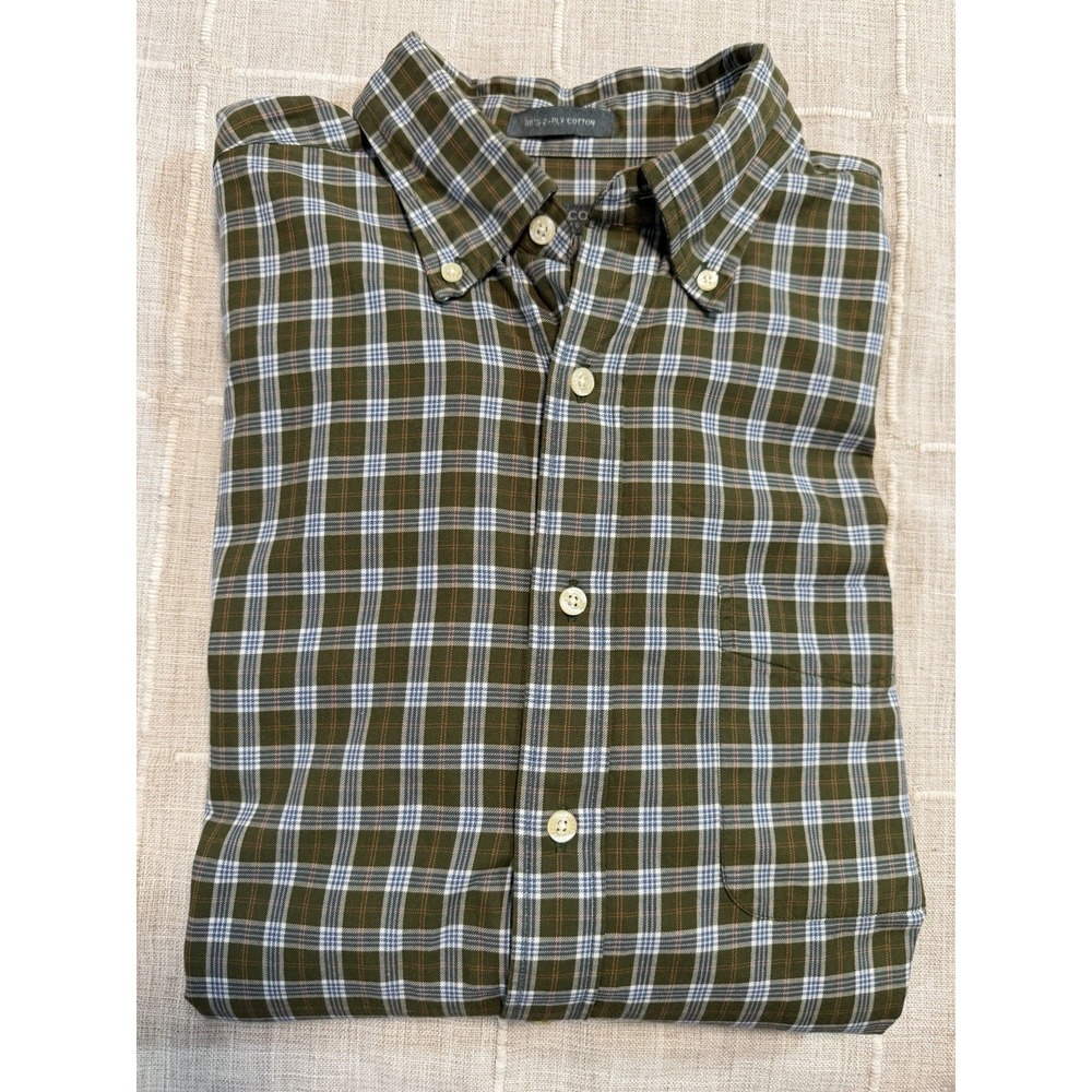 Lyle & Scott Scotland Mens Large Green Plaid Button Front Shirt 2 Ply 100%Cotton